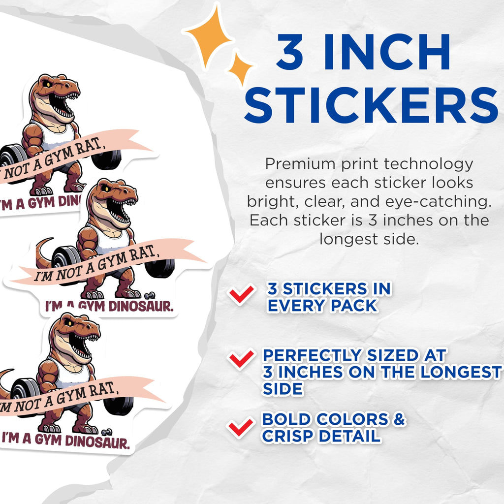 (3 Pack) Gym Dinosaur Decals - Funny Fitness - Gym Rat - Workout Motivation - Laptop Decals - 3 Inches On Longest Side - Easy Peel & Apply - Made in USA - 3MCS4725