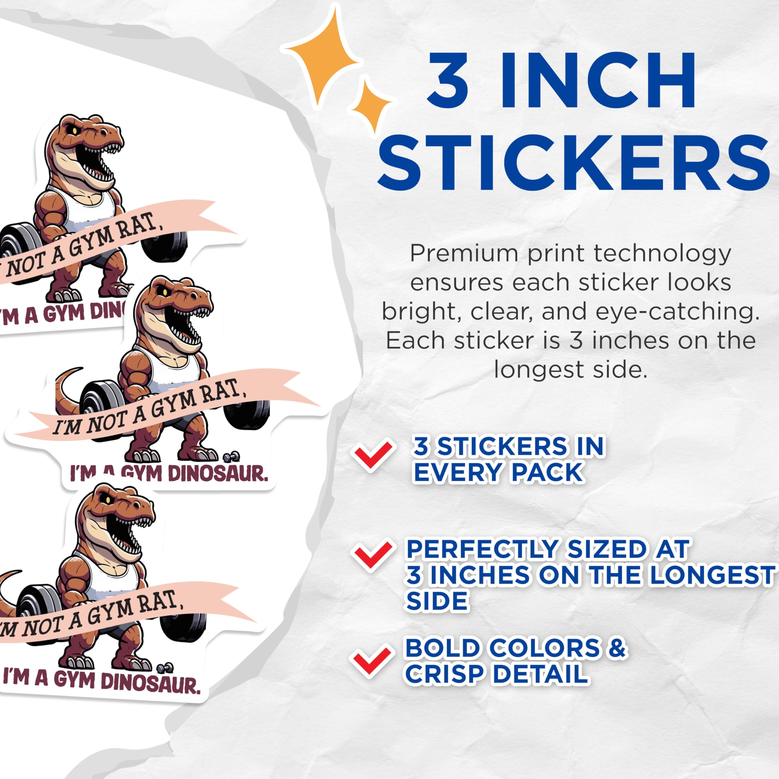 (3 Pack) Gym Dinosaur Decals - Funny Fitness - Gym Rat - Workout Motivation - Laptop Decals - 3 Inches On Longest Side - Easy Peel & Apply - Made in USA - 3MCS4725