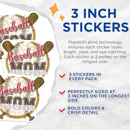 (3 Pack) Baseball Mom Decals - Sports Fan - Laptop Decal - 3 Inches On Longest Side - Easy Peel & Apply - Made in USA - 3MCS7350