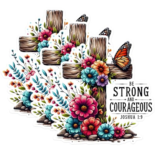 (3 Pack) Christian Decals - Cross with Flowers - Be Strong and Courageous Decals - 3 Inches On Longest Side - Easy Peel & Apply - Made in USA - 3MCS1636