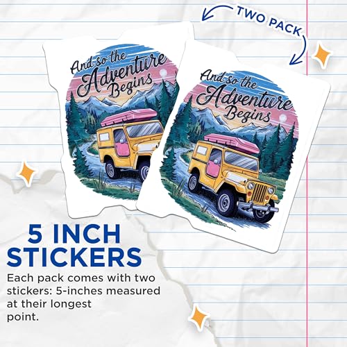 (2 Pack) Adventure Begins Stickers - Outdoor Journey Stickers - Vintage Travel Car Stickers - 5" On Longest Side - Sticks to Smooth Flat Surfaces - Made in USA - BMCS4060