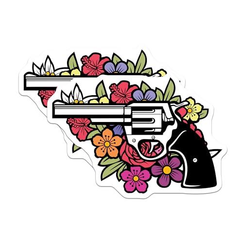 (2 Pack) Pistol Flower Stickers - Floral Gun Design - Flower Revolver Art - 5" On Longest Side - Sticks to Smooth Flat Surfaces - Made in USA - BMCS6227