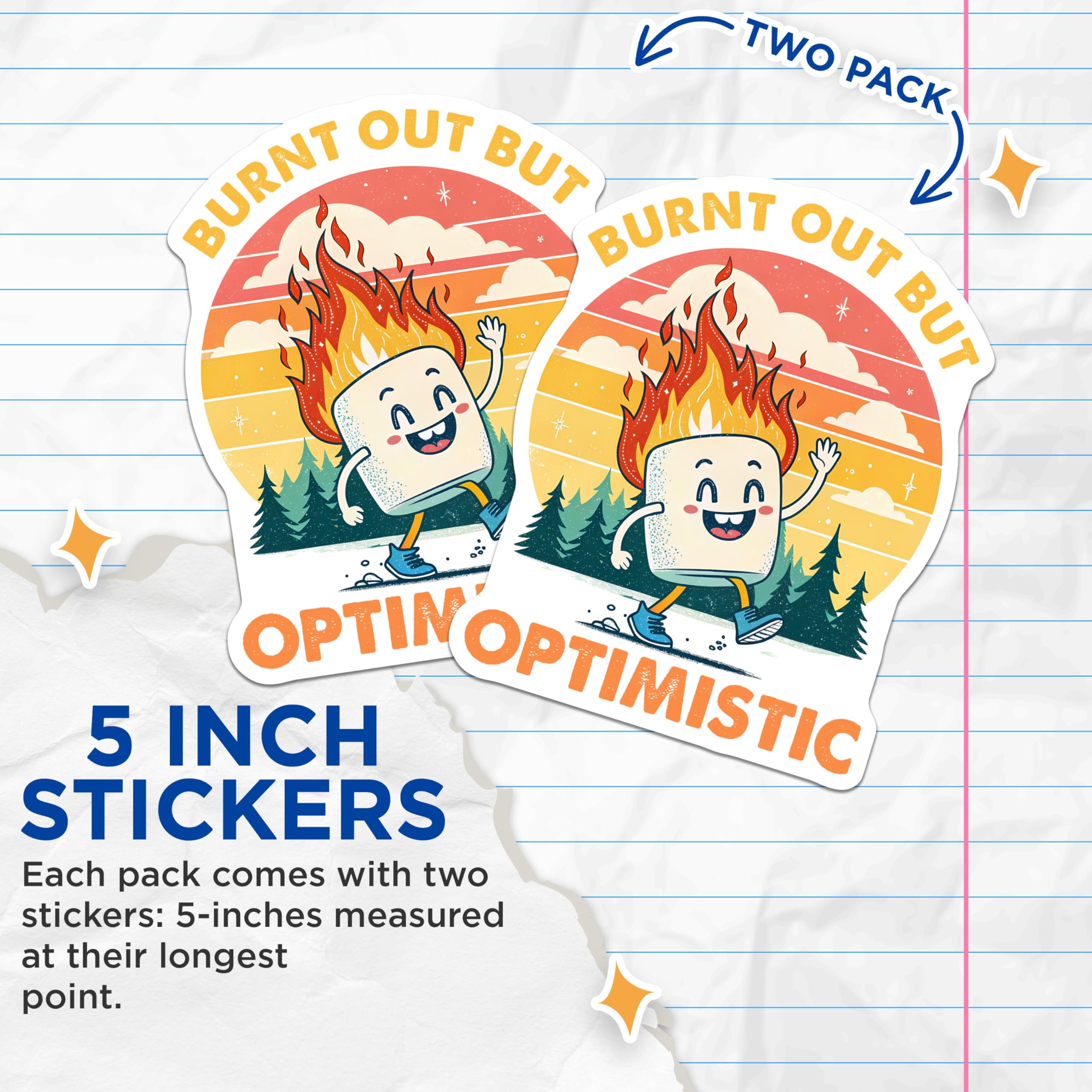 (2 Pack) Burnt Out But Optimistic Stickers - Funny Cartoon Marshmallow Stickers - Motivational Camper Stickers - 5" On Longest Side - Sticks to Any Smooth Flat Surface - Made in USA - BMCS3318