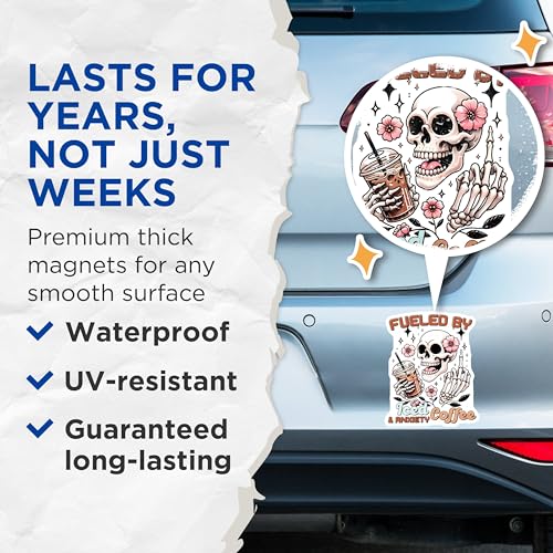 (2 Pack) Skull Fueled by Iced Coffee Anxiety Humor Magnets - Gothic Decor - Quirky Office Decorations - Fueled by Iced Coffee Anxiety Humor - 5" On Longest Side - for Cars, Fridges, Toolboxes - Made