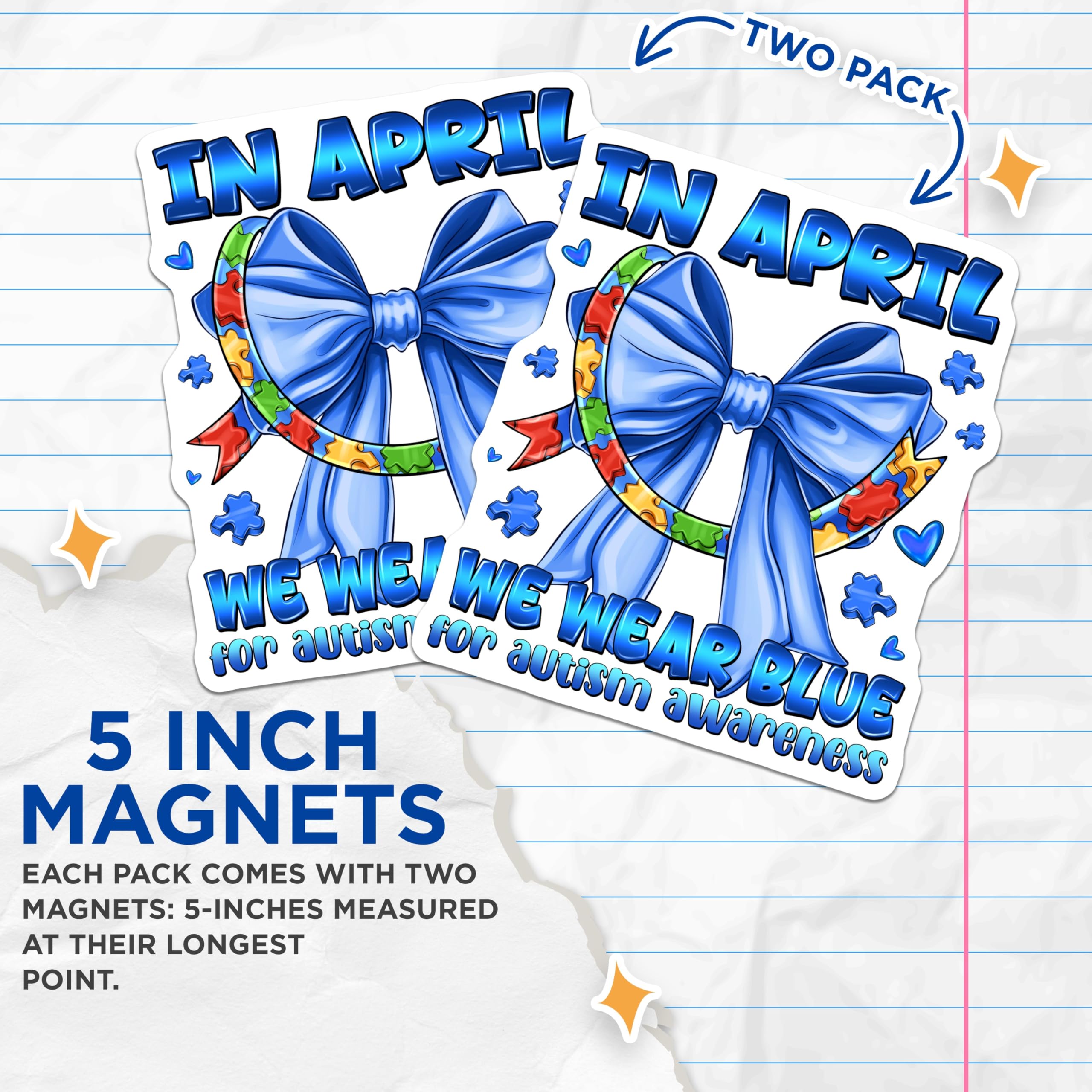 (2 Pack) Autism Awareness Magnets - Blue Ribbon Puzzle Piece - April Support Decor - 5 Inches On Longest Side - Thick Durable Magnet - Made in USA - MAG25197