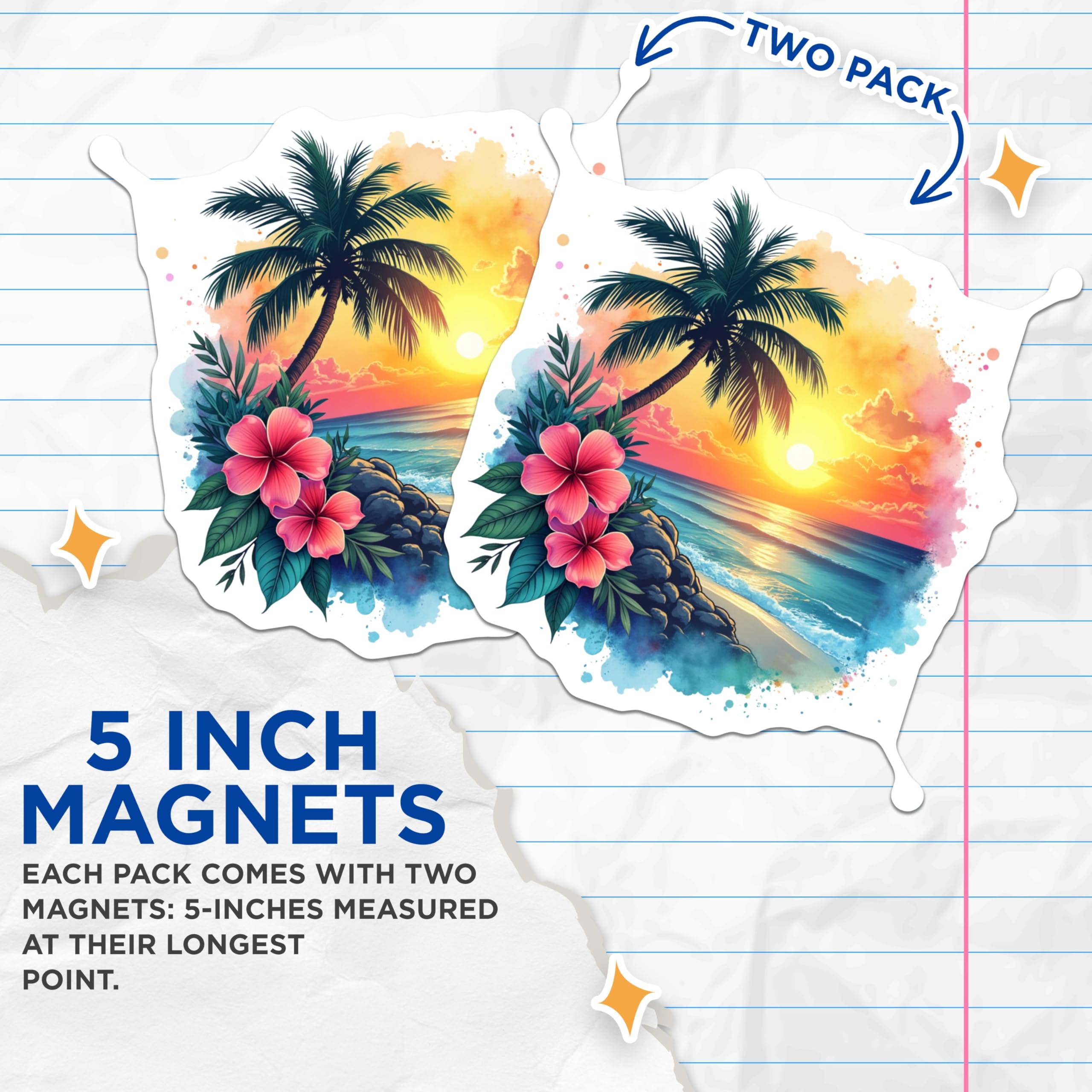 (2 Pack) Tropical Sunset Beach Magnets - Vibrant Watercolor Ocean Palm Tree Scene - Hibiscus Flower Coastal Decor - 5 Inches On Longest Side - Thick Durable Magnet - Made in USA - MAG24195
