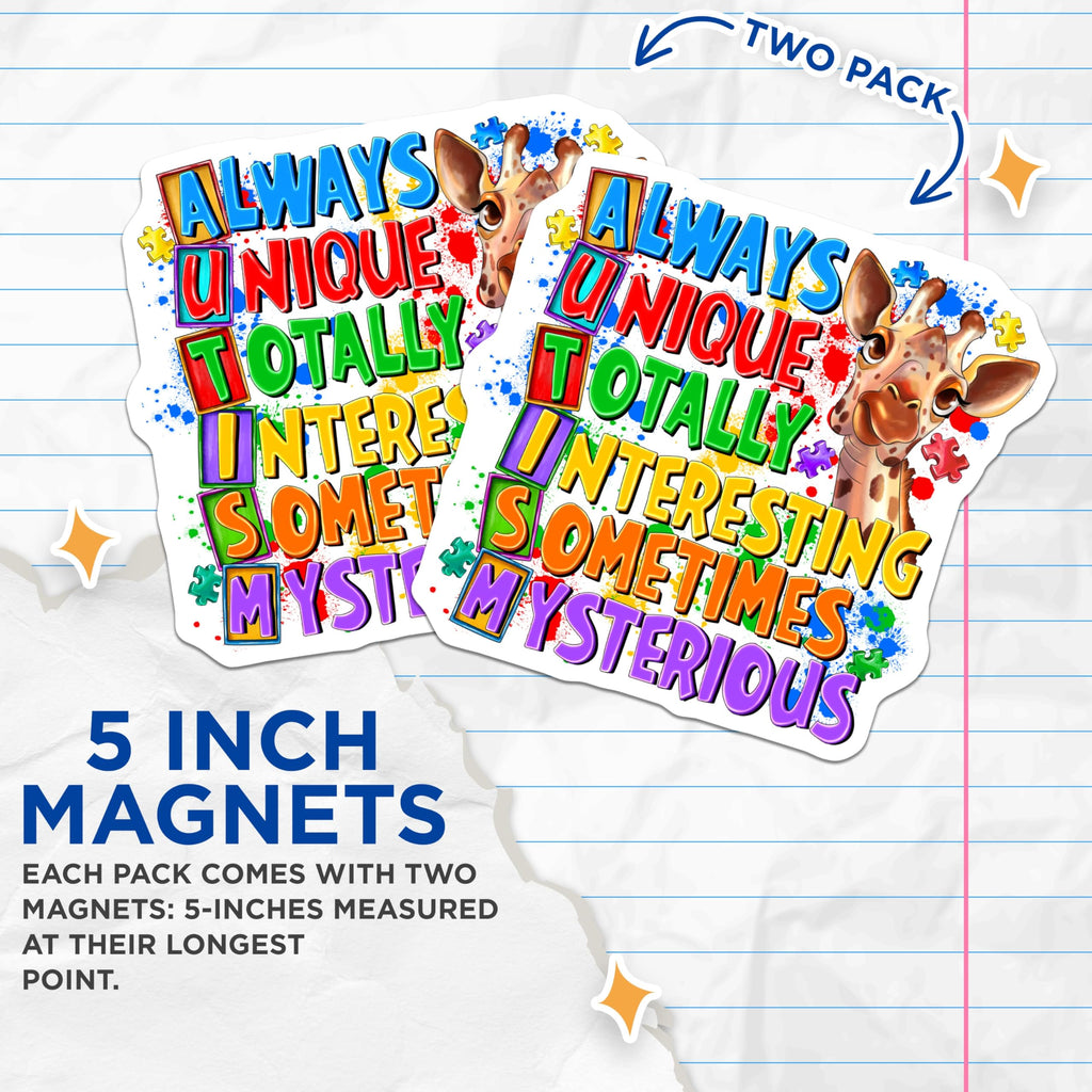 (2 Pack) Autism Awareness Magnets - Always Unique Giraffe Puzzle Pieces - Neurodiversity Support - Acceptance Decor - 5 Inches On Longest Side - Thick Durable Magnet - Made in USA - MAG29461