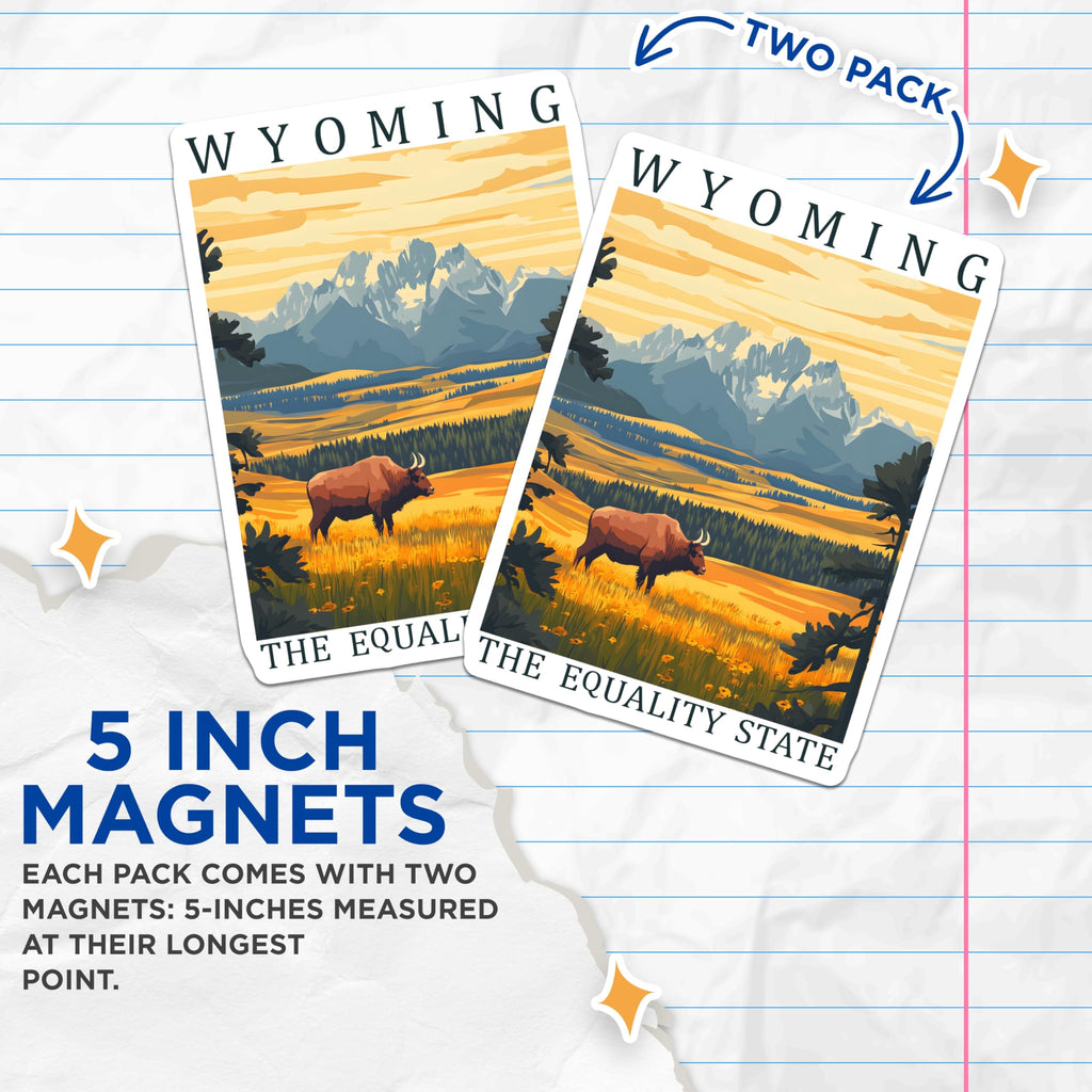 (2 Pack) Wyoming Bison Magnets - Equality State - Rocky Mountains Fridge Magnets - 5" On Longest Side - Premium Magnet - for Cars, Refrigerators, Toolboxes, Lockers - Made in USA - MAG18735
