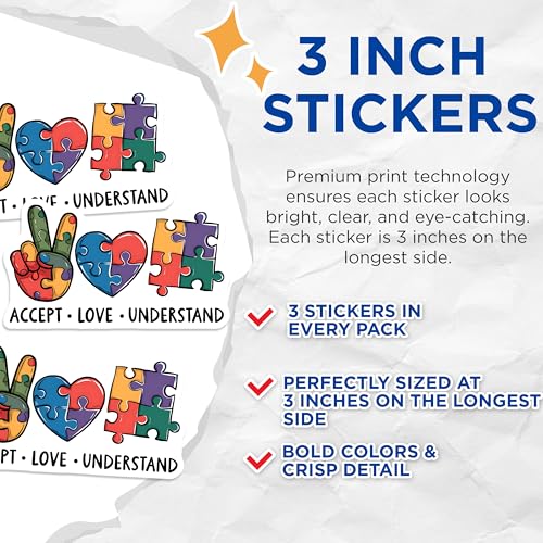 (3 Pack) Autism Awareness Decals - Accept Love Understand - Puzzle Piece Stickers - 3 Inches On Longest Side - Easy Peel & Apply - Made in USA - 3MCS8577