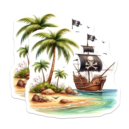 (2 Pack) Pirate Ship Skull Magnets - Tropical Beach Scene - Caribbean Pirate Decor - 5" On Longest Side - for Cars, Fridges, Toolboxes - Made in USA - MAG6770