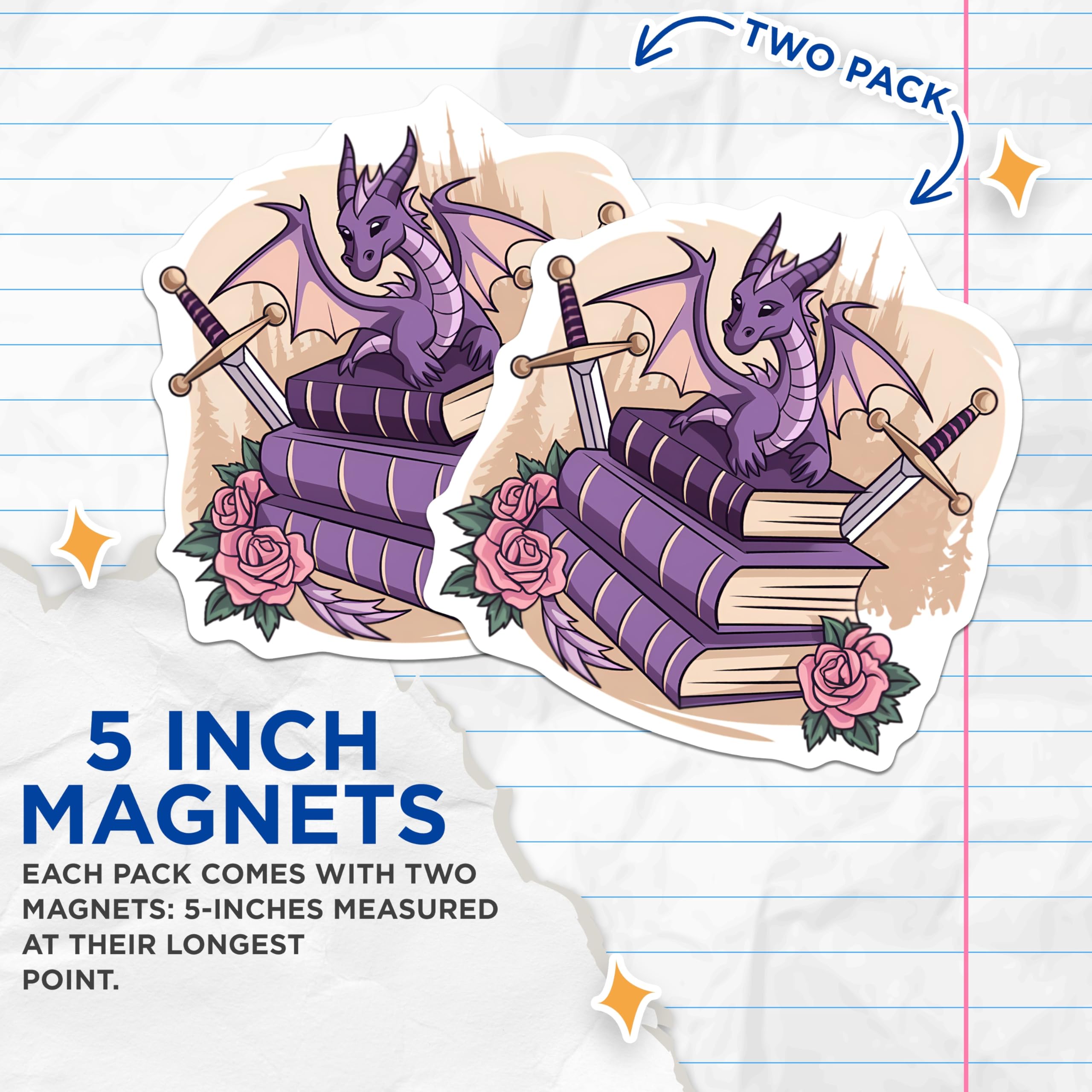 (2 Pack) Majestic Purple Dragon Magnets - Fantasy Books Reading - Ancient Sword Rose Artwork - Magical Castle Decor - 5 Inches On Longest Side - Thick Durable Magnet - Made in USA - MAG22813