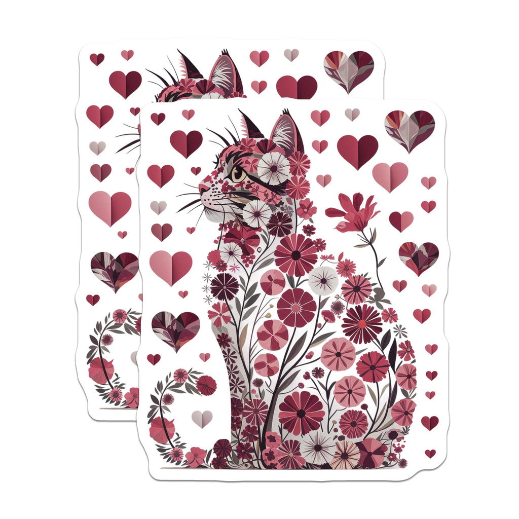 (2 Pack) Floral Cat Stickers - Heart Flower Kitty - Unique Valentine's Decals - 5" On Longest Side - Sticks to Smooth Flat Surfaces - Made in USA - BMCS14929