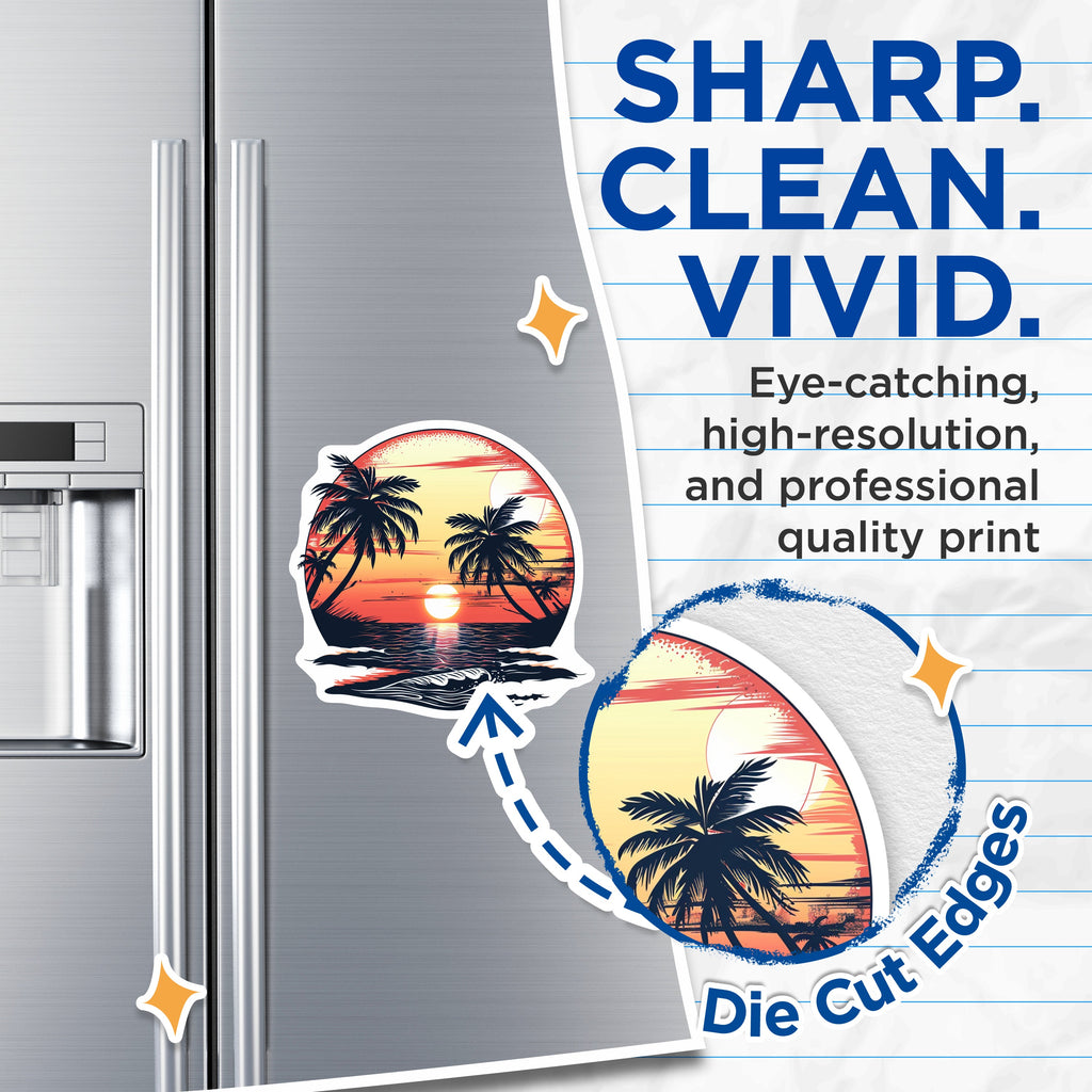 (2 Pack) Tropical Sunset Magnets - Palm Trees Beach Ocean Waves - Coastal Decor Summer Vibe - Refrigerator Locker Accent - 5 Inches On Longest Side - Thick Durable Magnet - Made in USA - MAG38389