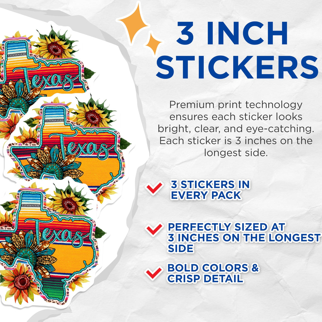 (3 Pack) Texas Sunflower Decals - Boho Laptop Decal - Country Southwestern Decals - 3 Inches On Longest Side - Easy Peel & Apply - Made in USA - 3MCS4496