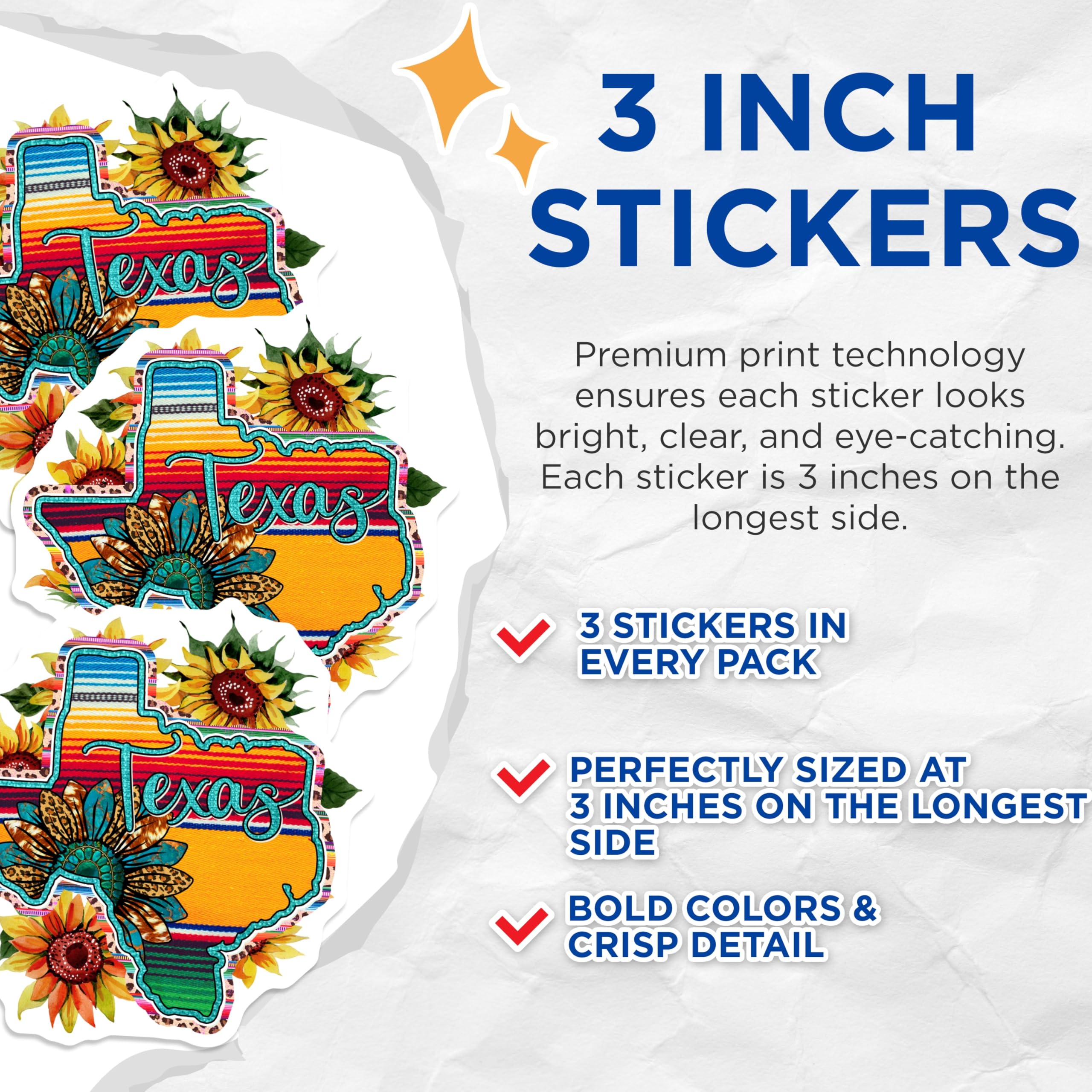 (3 Pack) Texas Sunflower Decals - Boho Laptop Decal - Country Southwestern Decals - 3 Inches On Longest Side - Easy Peel & Apply - Made in USA - 3MCS4496