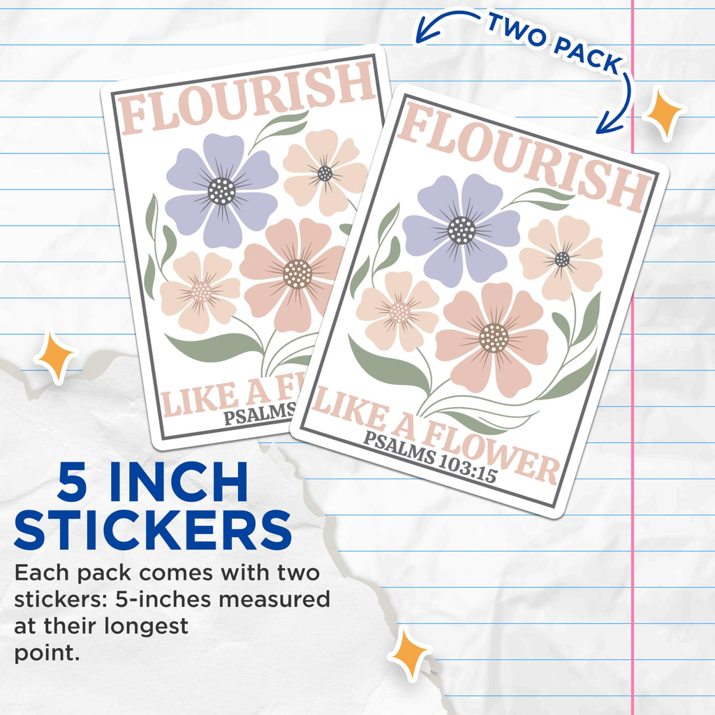 (2 Pack) Floral Flourish Stickers - Flower Bouquet Stickers - Psalms Verse Stickers- 5" On Longest Side - Sticks to Smooth Flat Surfaces - Made in USA - BMCS16935