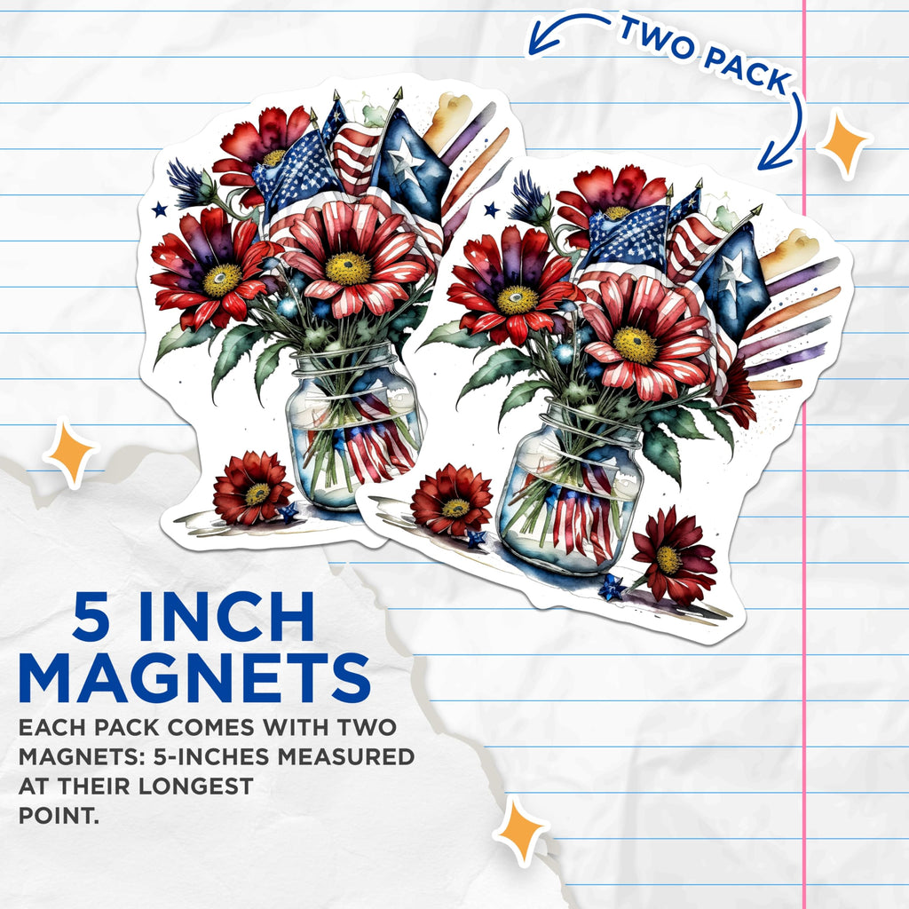 (2 Pack) Patriotic Flower Magnets - American Flag Flair - Summer Home Decoration - 5" On Longest Side - Premium Magnet - for Cars, Refrigerators, Toolboxes, Lockers - Made in USA - MAG14362