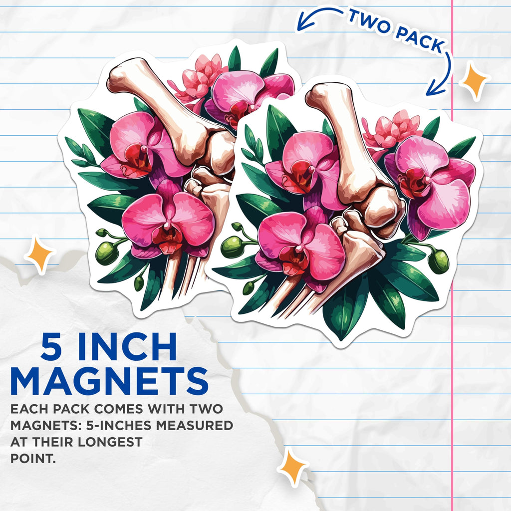 (2 Pack) Anatomical Orchid Magnets - Human Foot Bones Skeleton Art - Vibrant Pink Orchid Doctor Nurse Medical Decor - 5 Inches On Longest Side - Thick Durable Magnet - Made in USA - MAG19790