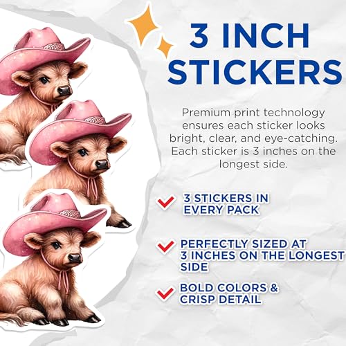 (3 Pack) Cowgirl Cow Decals - Pink Hat Highland Cattle Decals - Laptop Car Decals - 3 Inches On Longest Side - Easy Peel & Apply - Made in USA - 3MCS2390