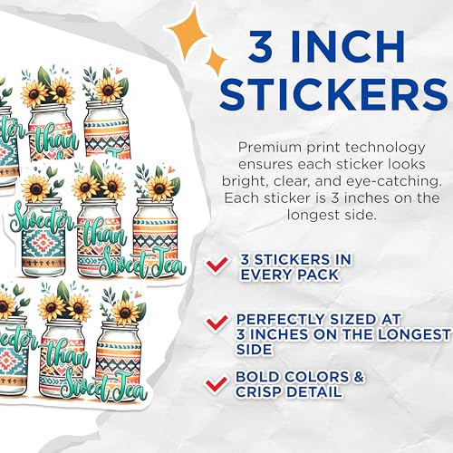 (3 Pack) Sweet Tea Decals - Sunflower Design - Southern Charm - 3 Inches On Longest Side - Easy Peel & Apply - Made in USA - 3MCS7064