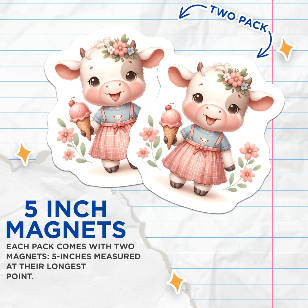 (2 Pack) Cute Baby Cow Magnets - Ice Cream Delights - Floral Farm Animal Decor - 5 Inches On Longest Side - Thick Durable Magnet - Made in USA - MAG20719