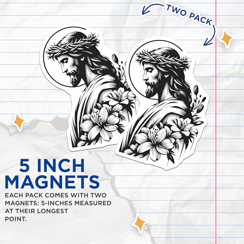 (2 Pack) Jesus Christ Illustration Magnets - Religious Art Decor - Inspirational Home Decoration - 5" On Longest Side - for Cars, Fridges, Toolboxes - Made in USA - MAG7317