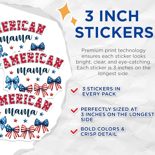(3 Pack) American Mama Decals - Patriotic Bows - USA Pride Decals - 3 Inches On Longest Side - Easy Peel & Apply - Made in USA - 3MCS6212