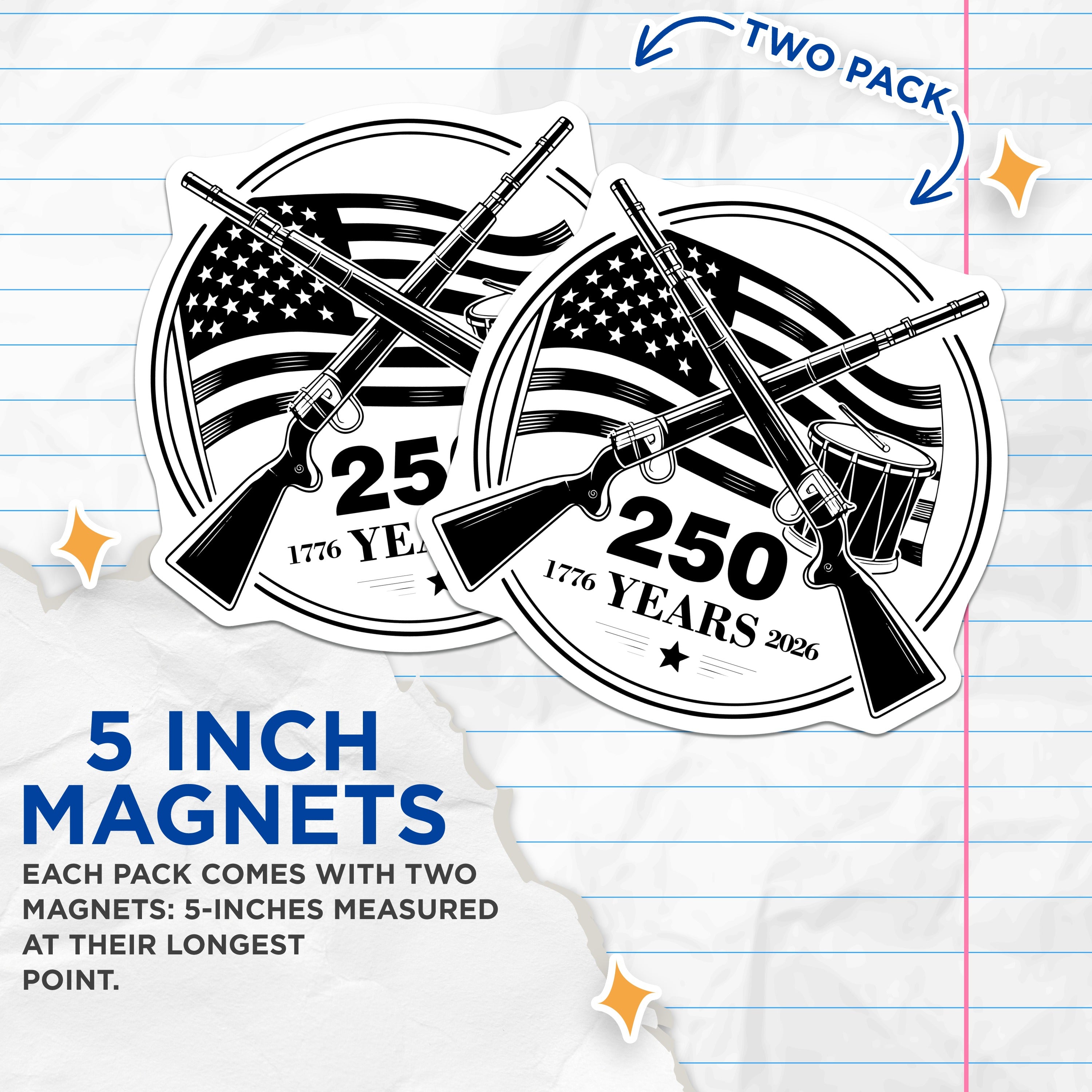 (2 Pack) American History Magnets - Revolutionary War 1776 - Patriotic USA 250 Year Design - 5 Inches On Longest Side - Thick Durable Magnet - Made in USA - MAG38554