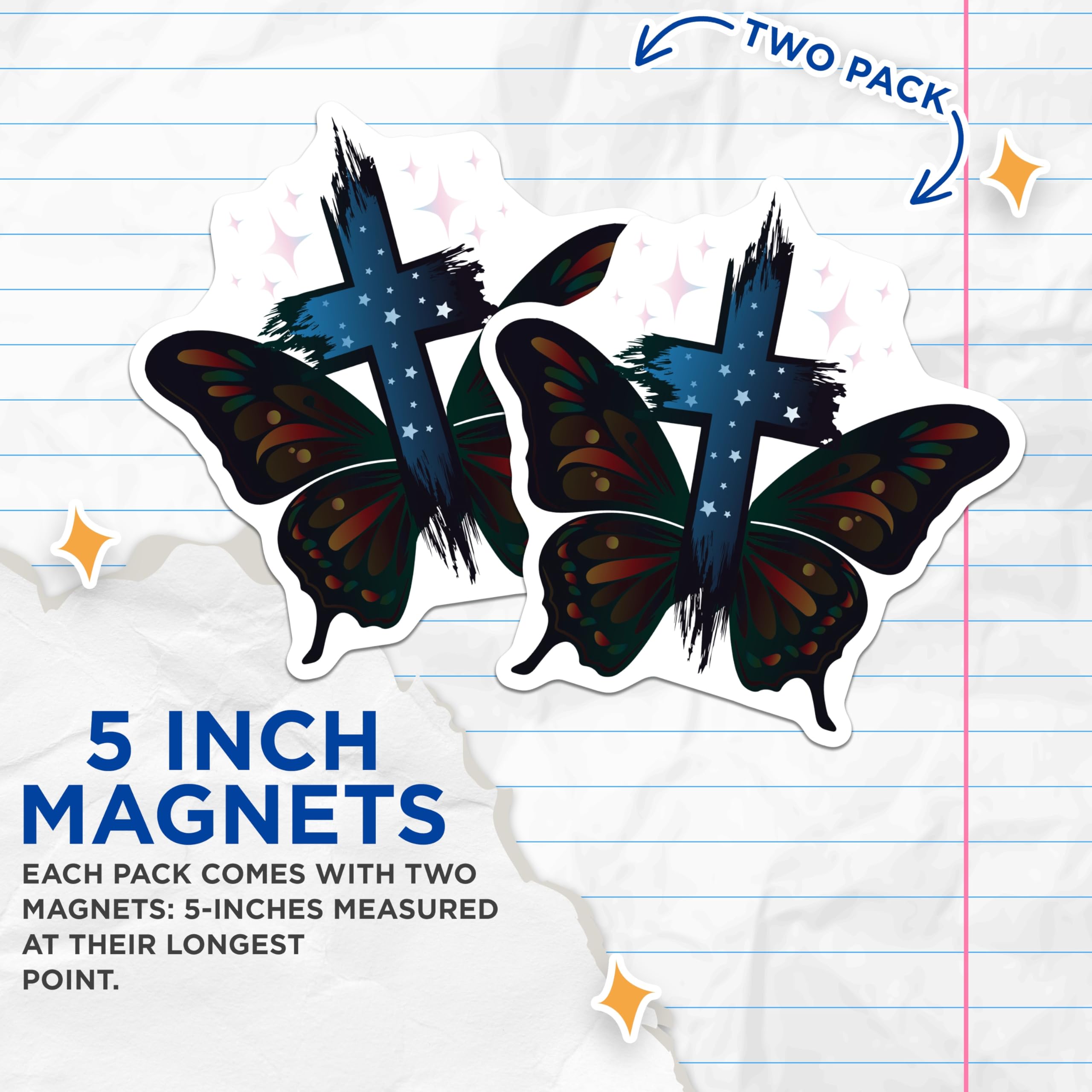 (2 Pack) Christian Butterfly Cross Magnets - Spiritual Faith Decor - Religious Art Keepsakes - 5 Inches On Longest Side - Thick Durable Magnet - Made in USA - MAG19787