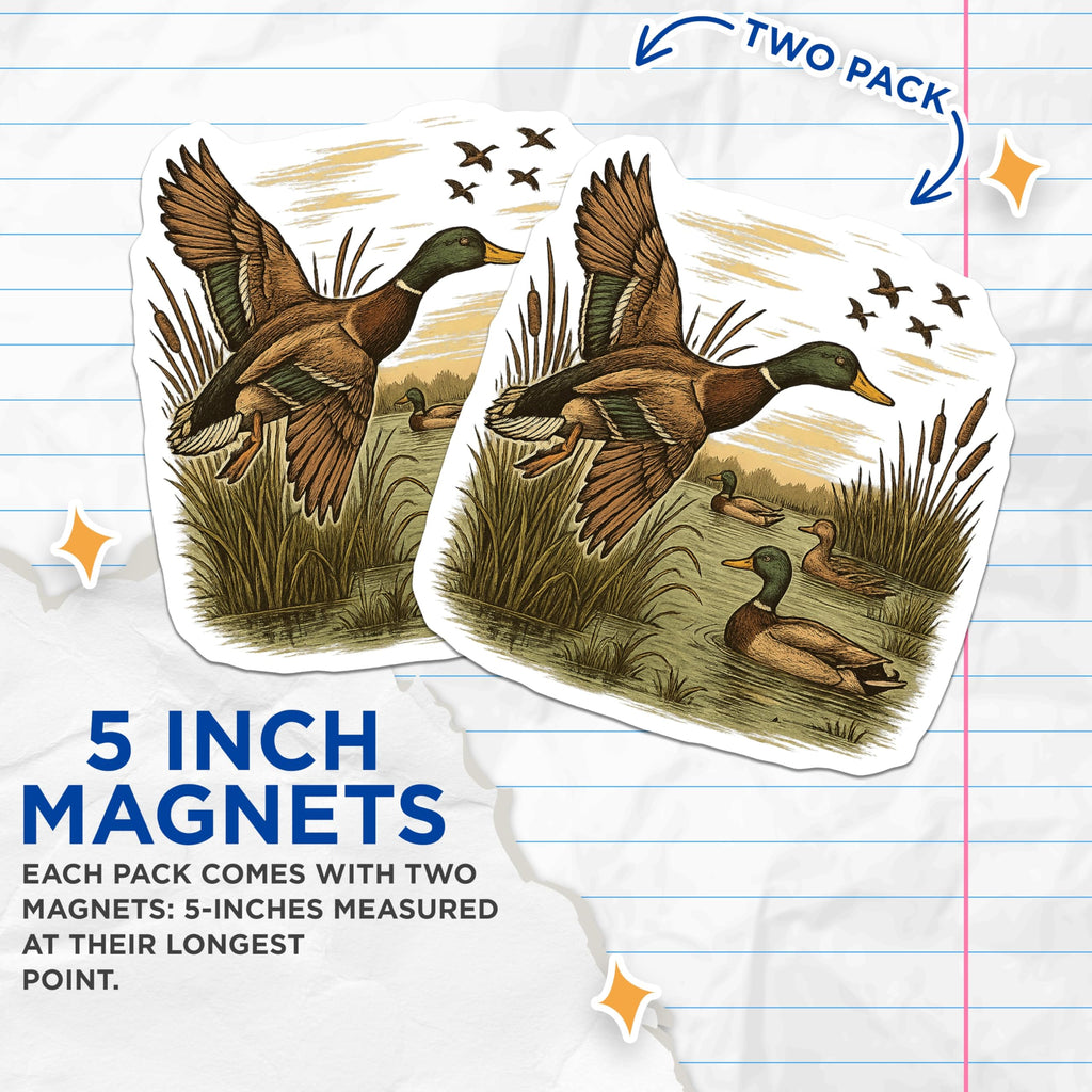 (2 Pack) Mallard Duck Flying Magnets - Waterfowl Pond River Scene - Wildlife Wetland Nature Art - Birdwatcher Fridge Display - 5 Inches On Longest Side - Thick Durable Magnet - Made in USA - MAG21777