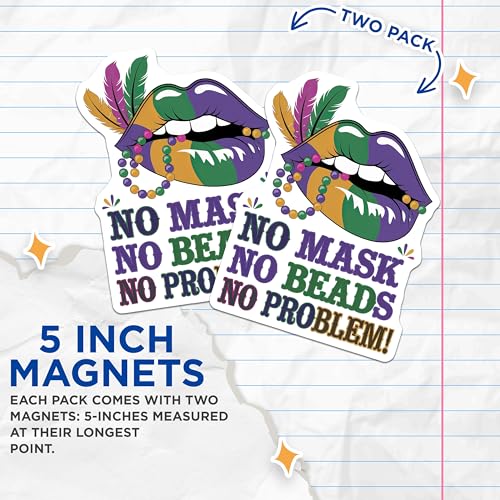 (2 Pack) Mardi Gras Fun Magnets - Festive Colorful Lips - No Mask No Beads No Problem Ative Magnets for Party - 5" On Longest Side - for Cars, Fridges, Toolboxes - Made in USA - MAG3632