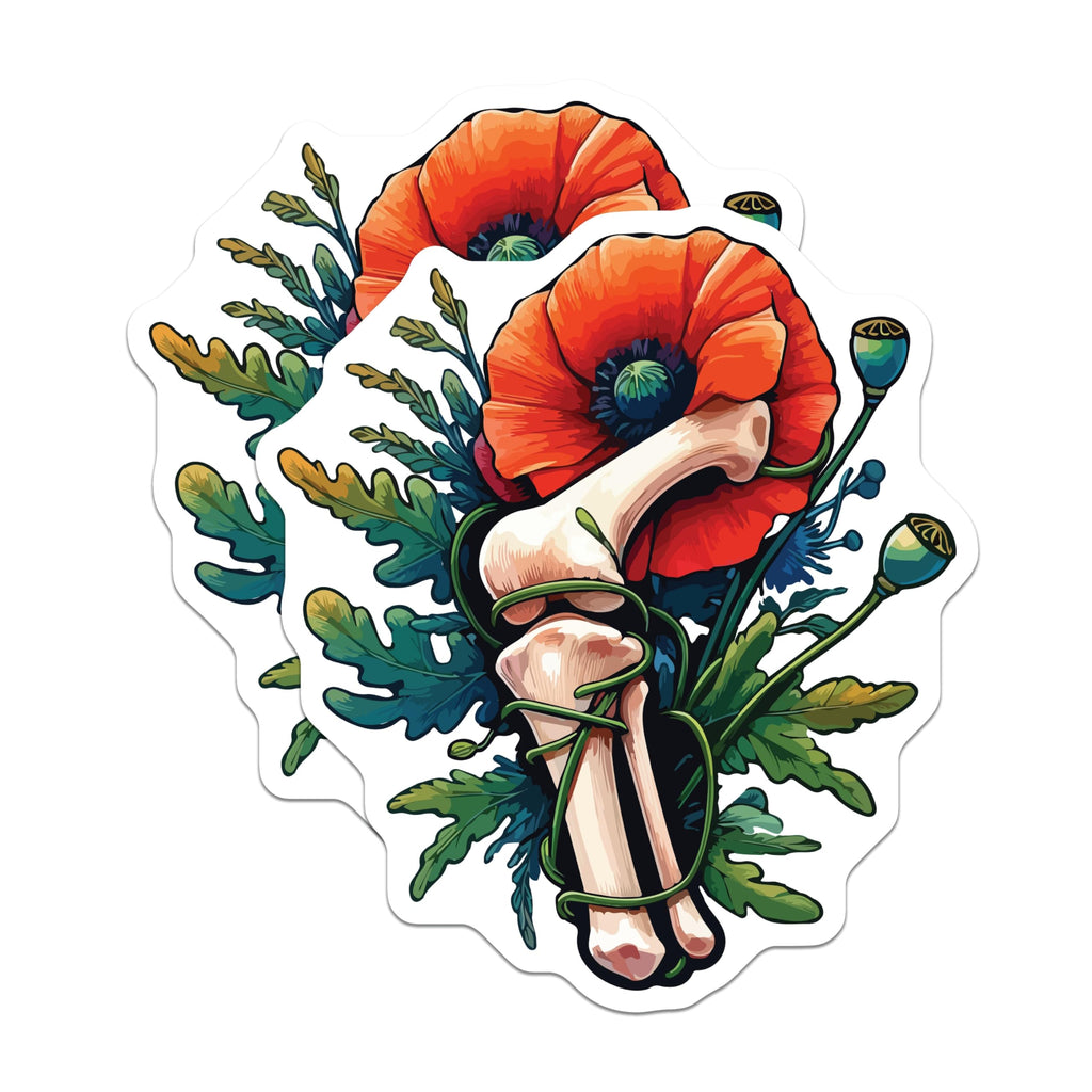 (2 Pack) Red Poppy Bone Magnets - Floral Anatomy Art - Unique Macabre Botanical Decor - 5 Inches On Longest Side - Thick Durable Magnet - Made in USA - MAG20094