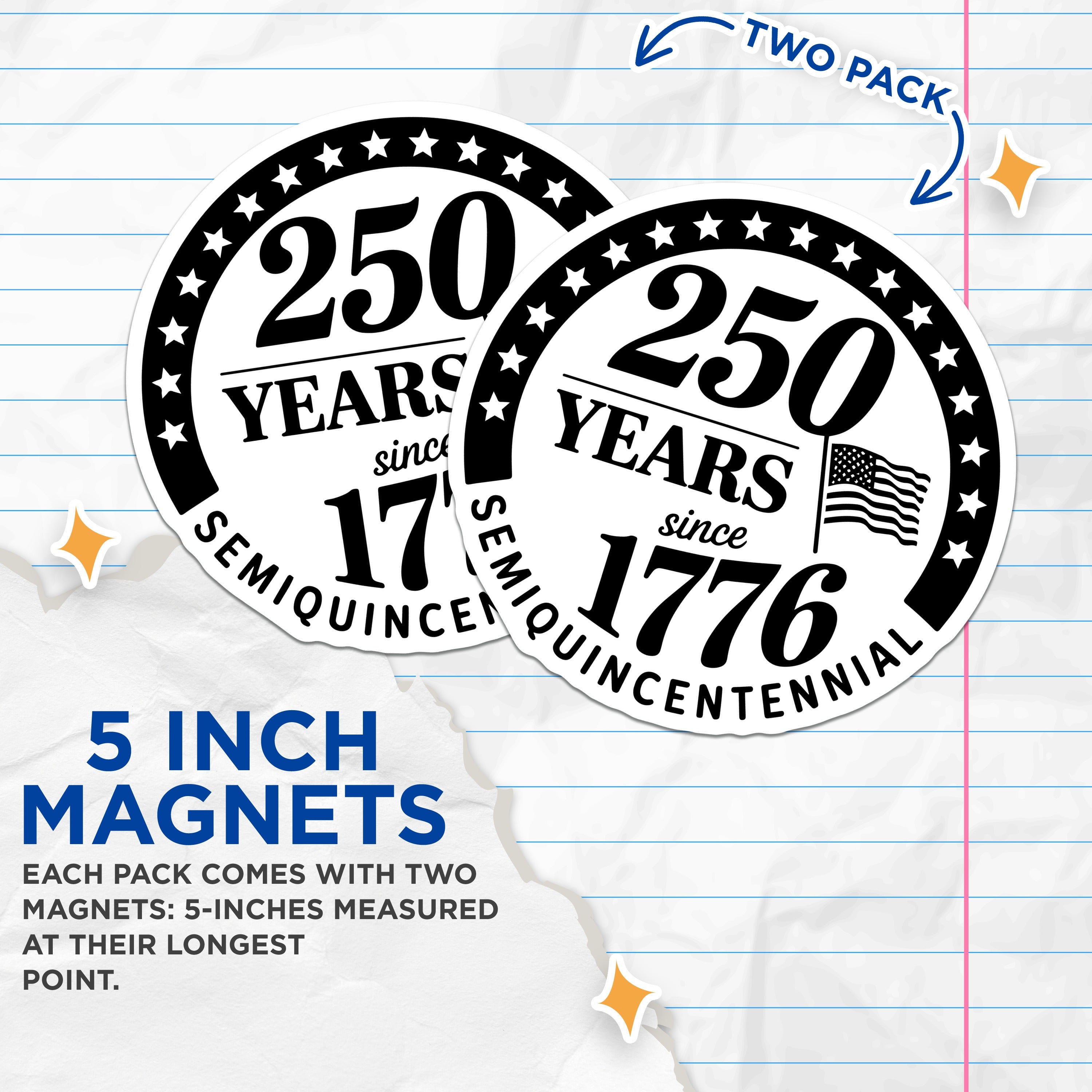 (2 Pack) USA 250th Anniversary Commemorative Magnets - Semiquincentennial - American Historical Emblem - 5 Inches On Longest Side - Thick Durable Magnet - Made in USA - MAG37758