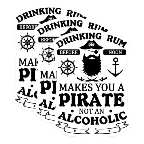 (3 Pack) Funny Pirate Decals - Drinking Rum Before Noon - Pirate Life Laptop Decals - 3 Inches On Longest Side - Easy Peel & Apply - Made in USA - 3MCS7477