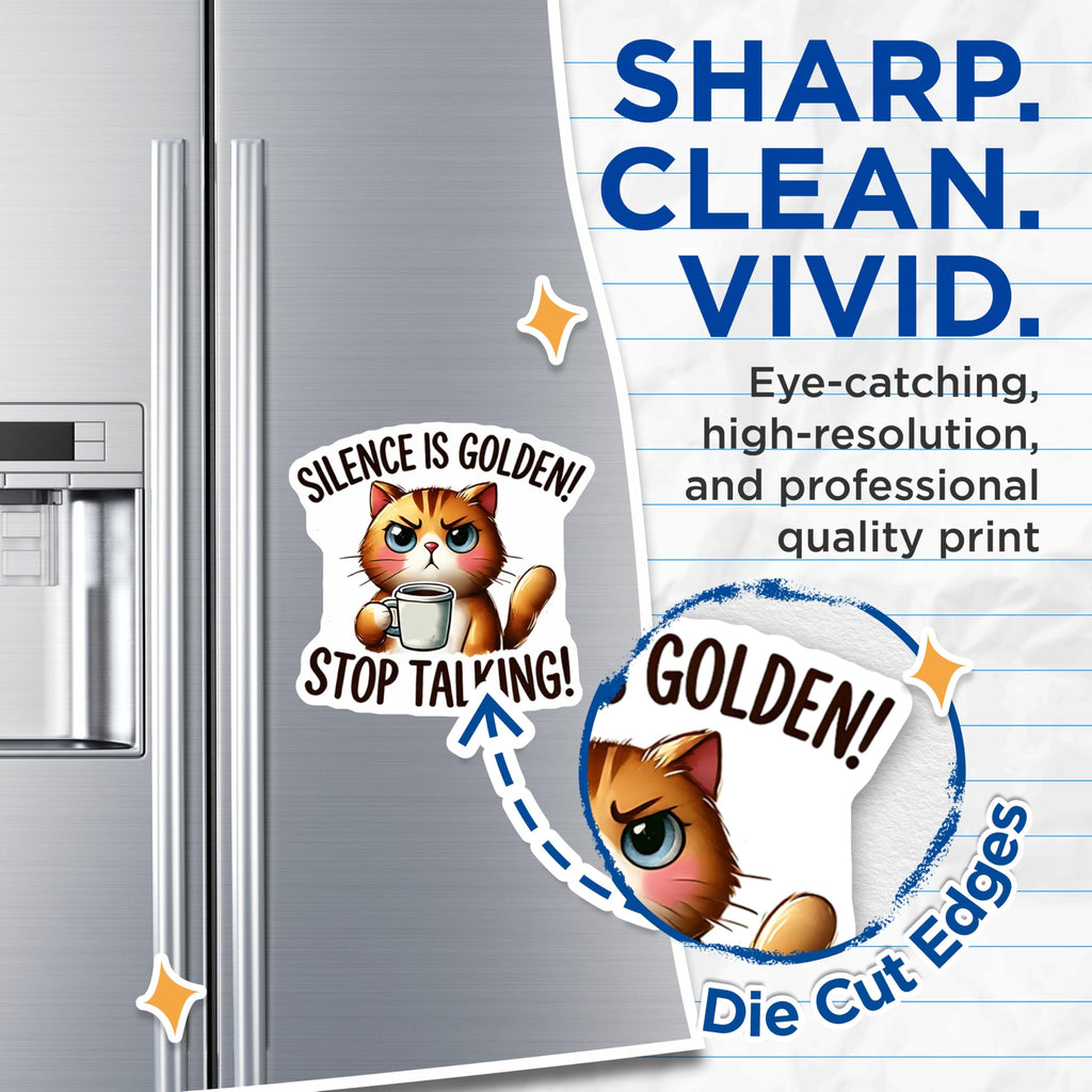 (2 Pack) Sarcastic Cat Magnets - Funny Cat Lover - Silence is Golden - Stop Talking Decor - 5" On Longest Side - Premium Magnet - for Cars, Refrigerators, Toolboxes, Lockers - Made in USA - MAG16457