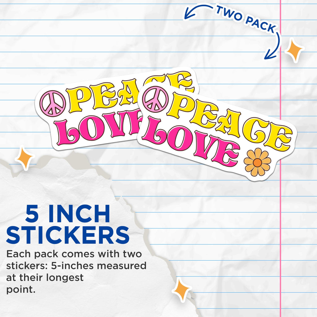 (2 Pack) Peace Love Stickers - Retro Hippie Sticker - 70s Aesthetic Stickers- 5" On Longest Side - Sticks to Smooth Flat Surfaces - Made in USA - BMCS16193
