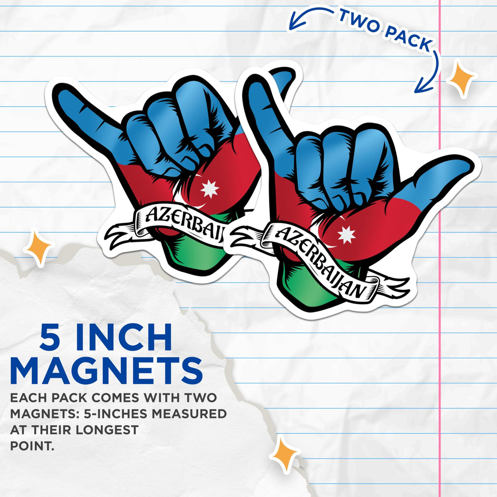 (2 Pack) Azerbaijan Hand Sign Magnets - Shaka Hand - Azerbaijan Flag Decor - 5" On Longest Side - Premium Magnet - for Cars, Refrigerators, Toolboxes, Lockers - Made in USA - MAG17154