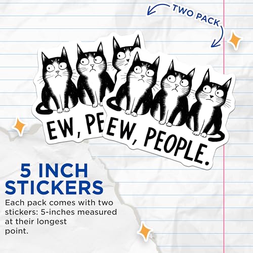 (2 Pack) Funny Cat Stickers - Cat Lover Stickers - Ew People Stickers - 5" On Longest Side - Sticks to Any Smooth Flat Surface - Made in USA - BMCS3458