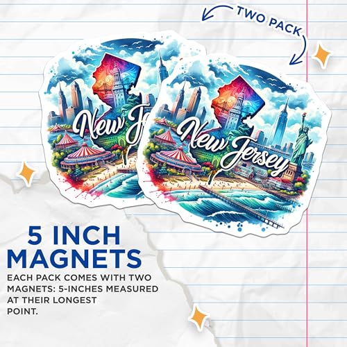 (2 Pack) New Jersey Magnets - State Souvenir - Colorful Cityscape - Travel Memorabilia- 5" On Longest Side - for Cars, Fridges, Toolboxes - Made in USA - MAG6707