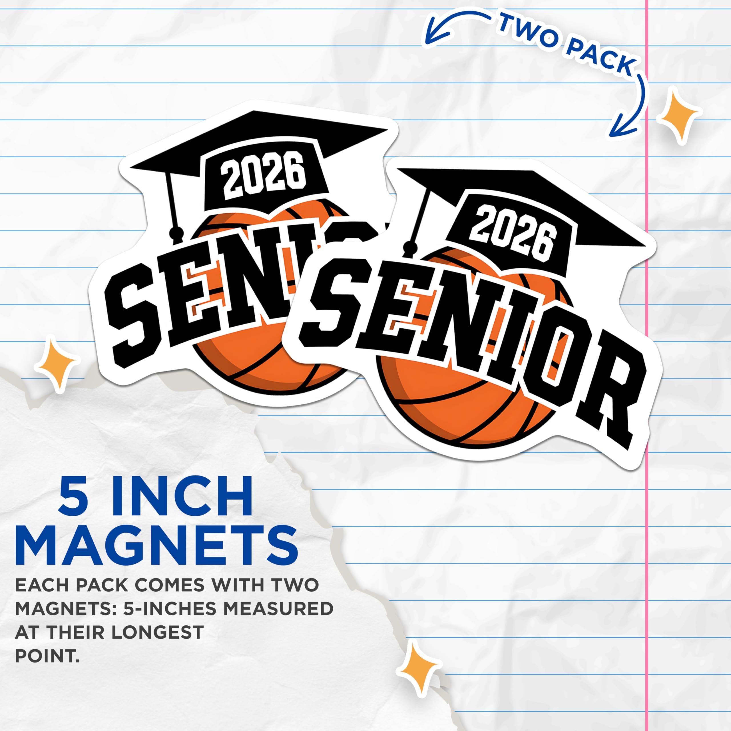 (2 Pack) Senior 2026 Basketball Magnets - Graduation Class of 2026 - High School Sports Decor - 5 Inches On Longest Side - Thick Durable Magnet - Made in USA - MAG22423