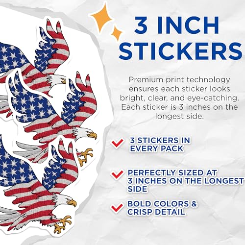 (3 Pack) American Eagle Decals - USA Flag Decals - Laptop Decals- 3 Inches On Longest Side - Easy Peel & Apply - Made in USA - 3MCS5826