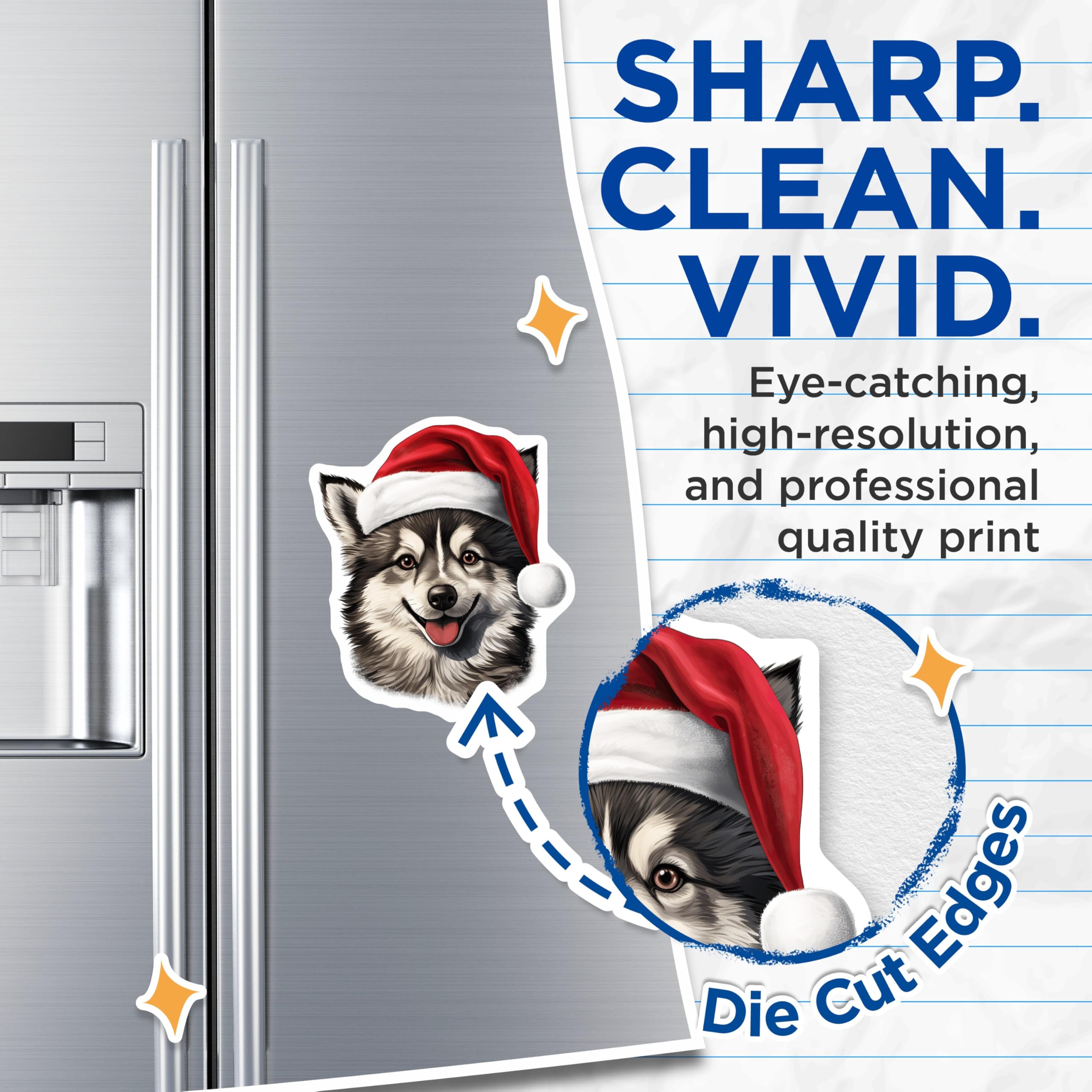 (2 Pack) Santa Dog Magnets - Christmas Husky Puppy Art - Holiday Pet Lover Decor - 5 Inches On Longest Side - Thick Durable Magnet - Made in USA - MAG30996