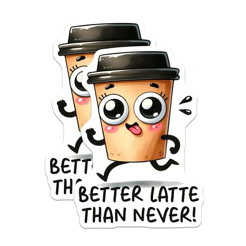 (2 Pack) Cute Coffee Cup Magnets - Funny Better Latte Than Never - Kawaii Coffee Art - 5" On Longest Side - for Cars, Refrigerators, Toolboxes, Lockers - Made in USA BMCS3289