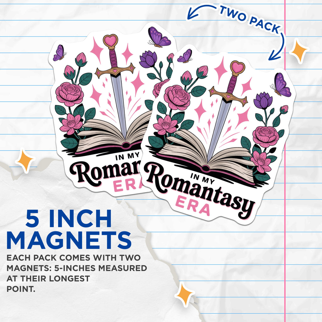 (2 Pack) Romantasy Era Magnets - Fantasy Romance Booktok Reader - Sword & Book Decor - 5 Inches On Longest Side - Thick Durable Magnet - Made in USA - MAG38350