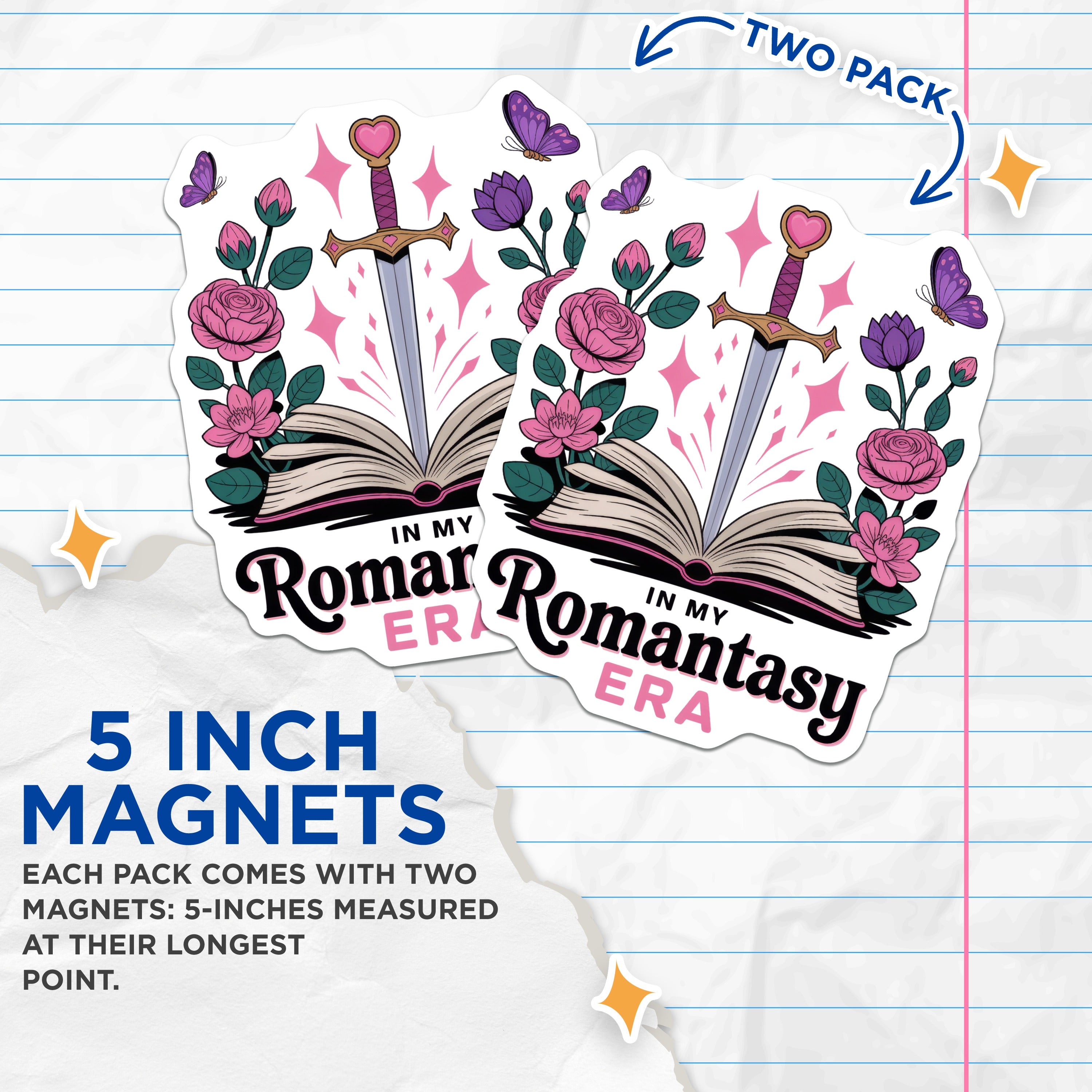 (2 Pack) Romantasy Era Magnets - Fantasy Romance Booktok Reader - Sword & Book Decor - 5 Inches On Longest Side - Thick Durable Magnet - Made in USA - MAG38350