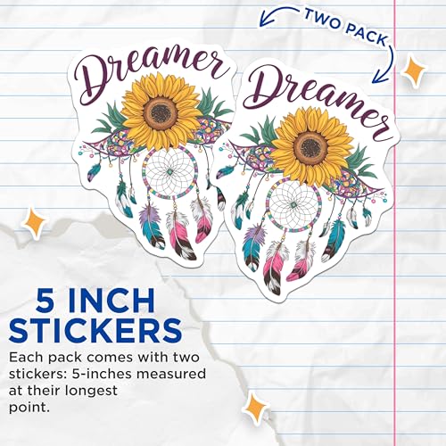 (2 Pack) Dreamer Sunflower Stickers - Dream Catcher Art - Inspirational Quote Sticker - 5" On Longest Side - Sticks to Smooth Flat Surfaces - Made in USA - BMCS7250