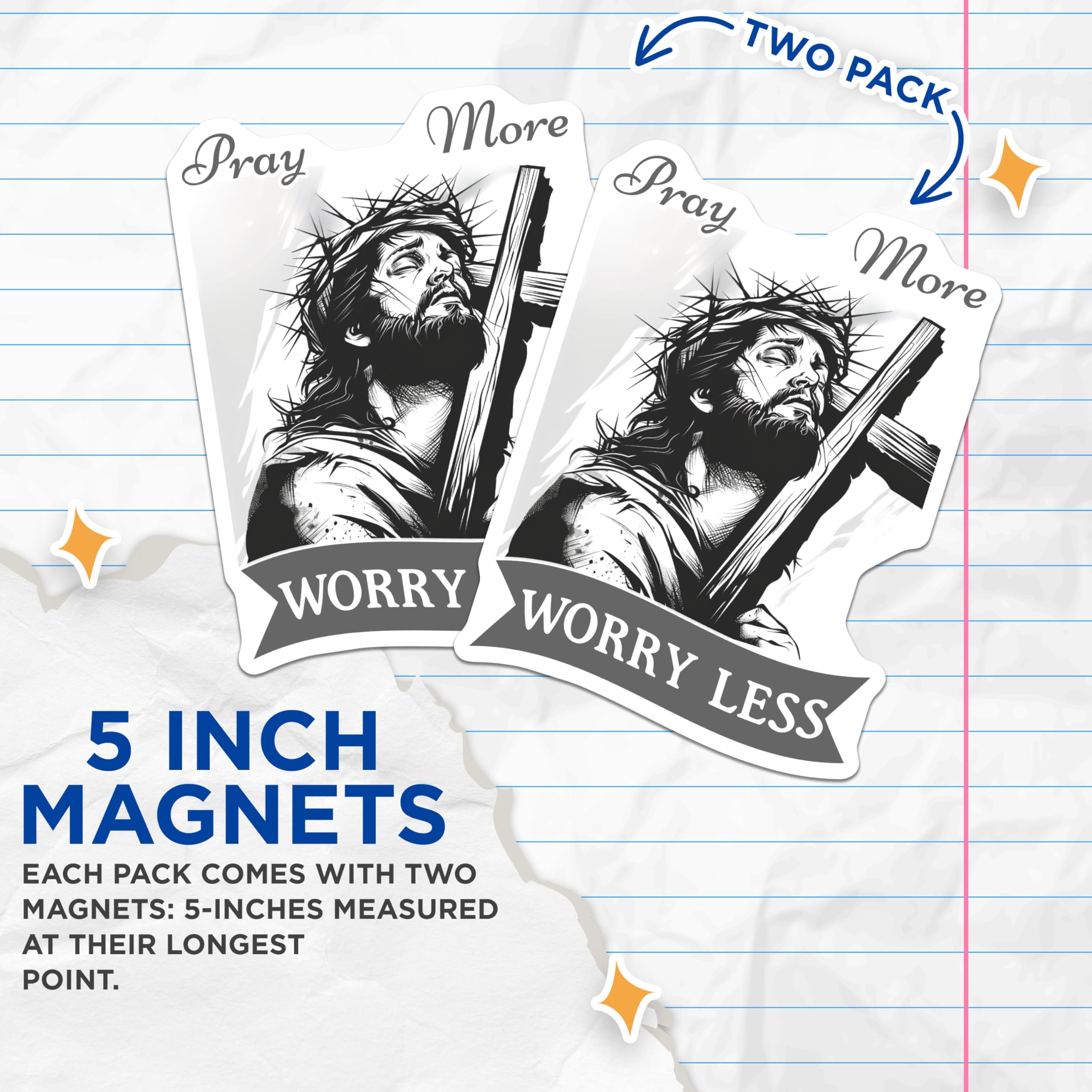 (2 Pack) Jesus Christ Magnets - Pray More Worry Less - Religious Decor - 5" On Longest Side - Premium Magnet - for Cars, Refrigerators, Toolboxes, Lockers - Made in USA - MAG16667
