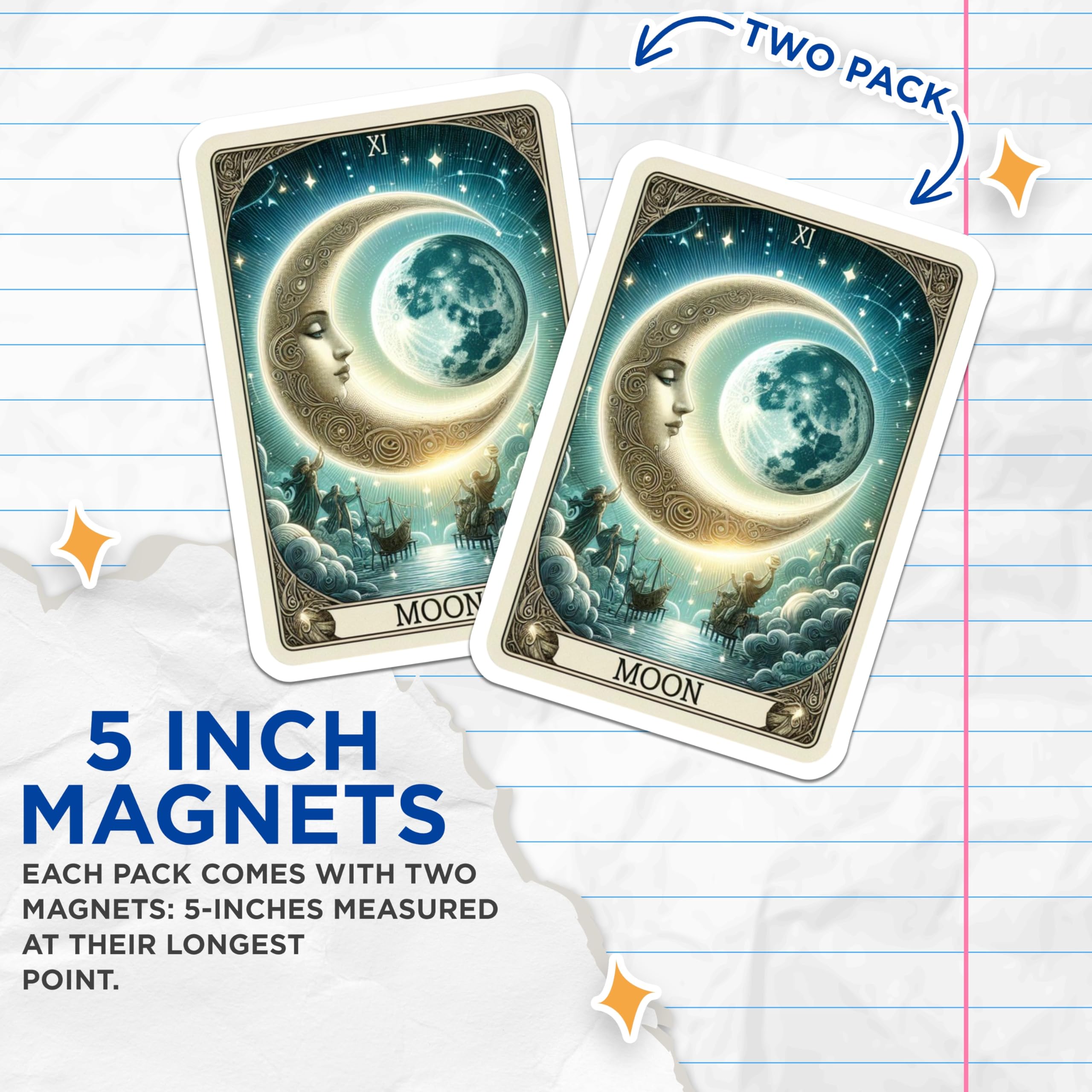 (2 Pack) Tarot Moon Card Magnets - Mystical Celestial Decor - Esoteric Kitchen Art - 5 Inches On Longest Side - Thick Durable Magnet - Made in USA - MAG21243