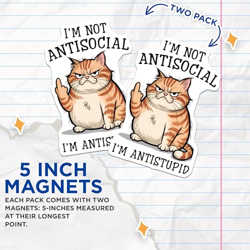 (2 Pack) I'm Not Antisocial Magnets - Funny Cat - I'm Antistupid - Humorous Fridge - Sarcastic Cat - 5" On Longest Side - for Cars, Refrigerators, Toolboxes, Lockers - Made in USA BMCS3323