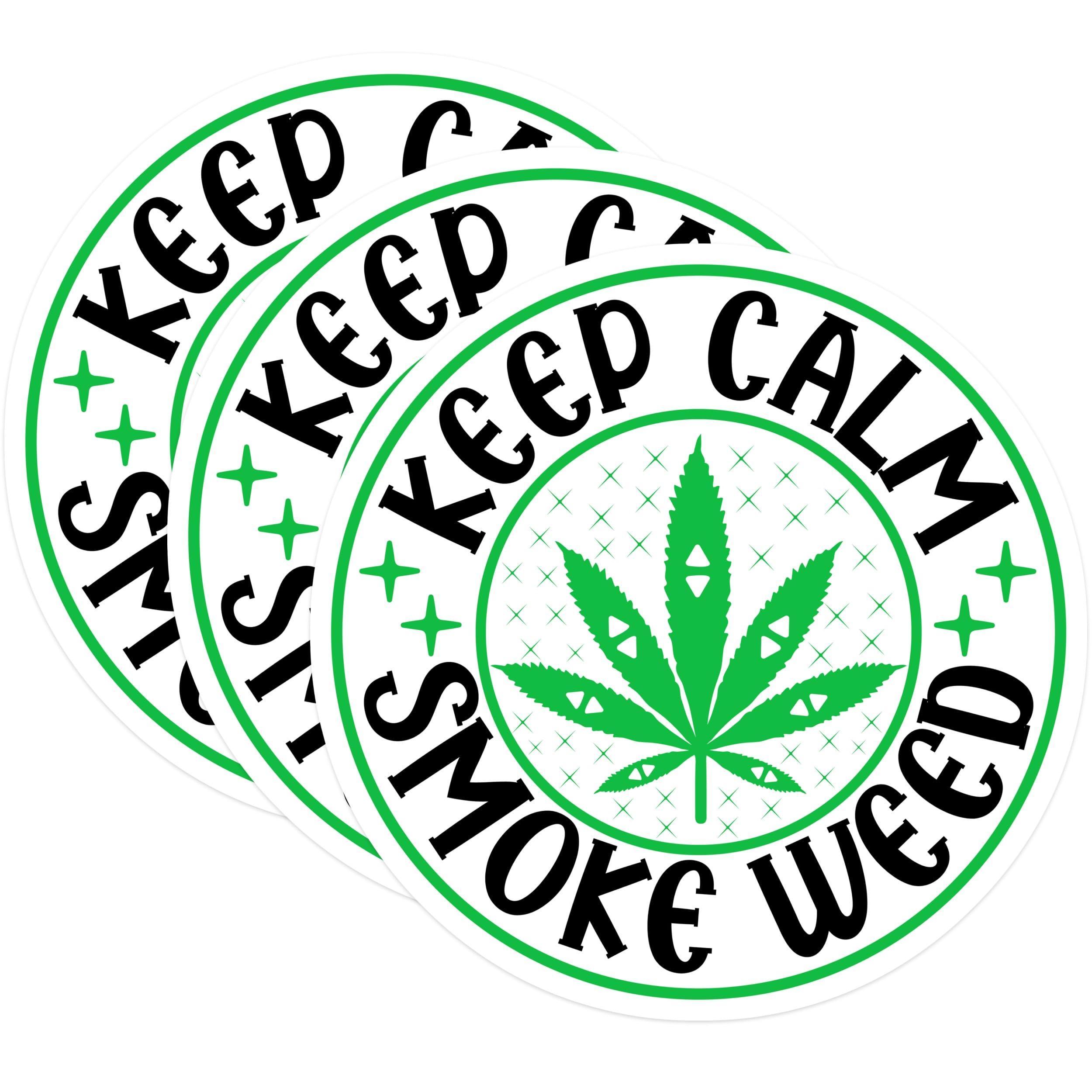 (3 Pack) Keep Calm Smoke Weed Decals - Pot Leaf Sticker - Laptop Decals - 3 Inches On Longest Side - Easy Peel & Apply - Made in USA - 3MCS7699